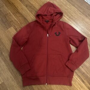 True Religion Red Fleece Full Zip Hoodie Men's Graphic Print Long Sleeve Small
